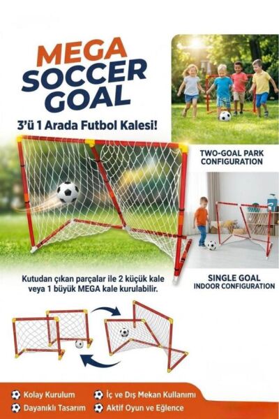 Matrax Oyuncak Mega 3'ü 1 Arada Mega Futbol Kalesi! Taşınabilir Fileli 120cm Toplu Eğlenceli Futbol Kalesi Oyun Seti