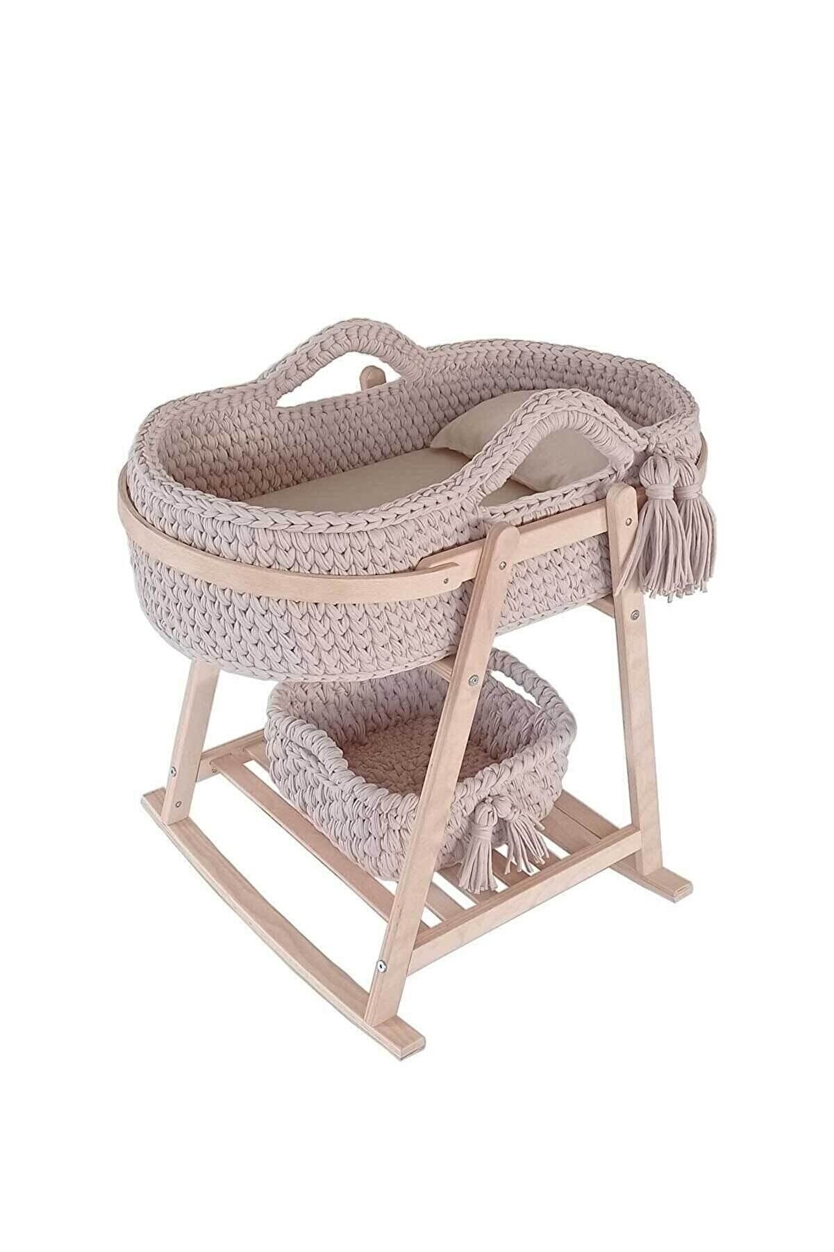 Baby Tech Naturel Izgaralı Ahşap Çemberli Beşik Standı + Örgü Sepet Bej