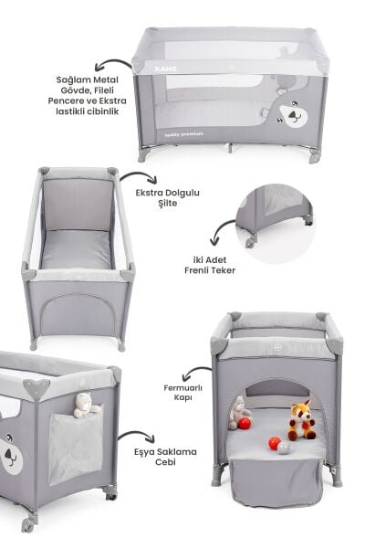 Kanz Teddy Premium Oyun Parkı ve Park Yatak Gri 60 x 120