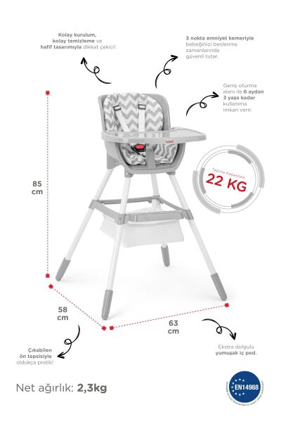Kanz Seul Sepetli Mama Sandalyesi Gri