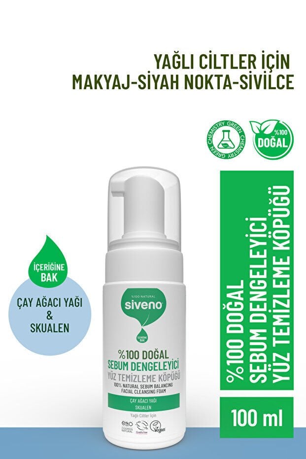 Siveno %100 Doğal Yüz Temizleme Köpüğü Yağlı Ciltler İçin Makyaj Siyah Nokta Sivilce Vegan 100 ml