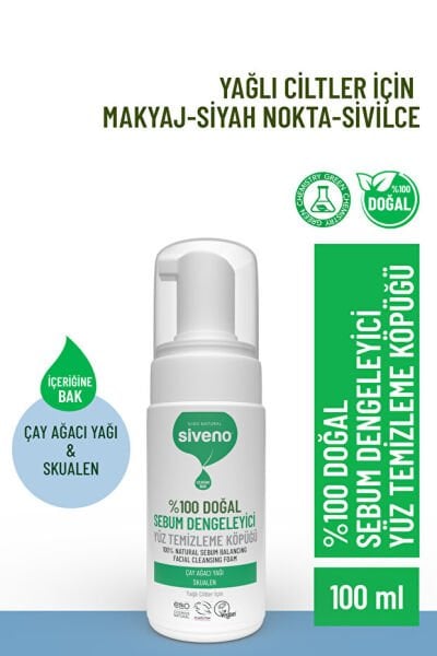 Siveno %100 Doğal Yüz Temizleme Köpüğü Yağlı Ciltler İçin Makyaj Siyah Nokta Sivilce Vegan 100 ml