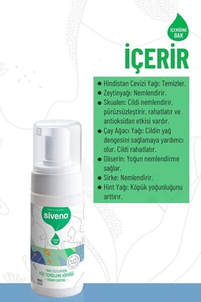 Siveno %100 Doğal Yüz Temizleme Köpüğü Yağlı Ciltler İçin Makyaj Siyah Nokta Sivilce Vegan 100 ml