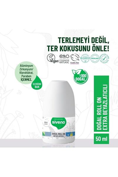 Siveno %100 Doğal Roll-On Beyazlatıcı Etkili Deodorant Ter Kokusu Önleyici Bitkisel Lekesiz 50 ml