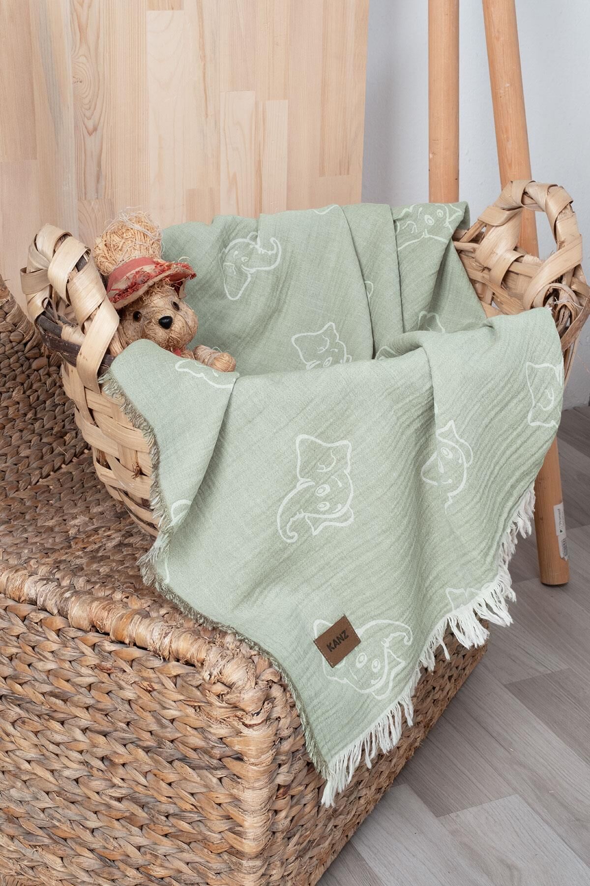 Kanz Jakarlı müslin Örtü 2 Kat Haki 110*130