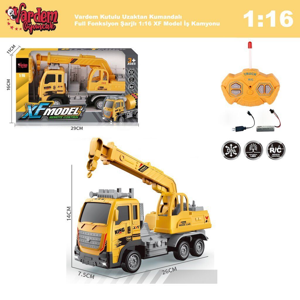 Vardem Kutulu Uzaktan Kumandalı Full Fonksiyon Şarjlı 1:16 XF Model İş Kamyonu