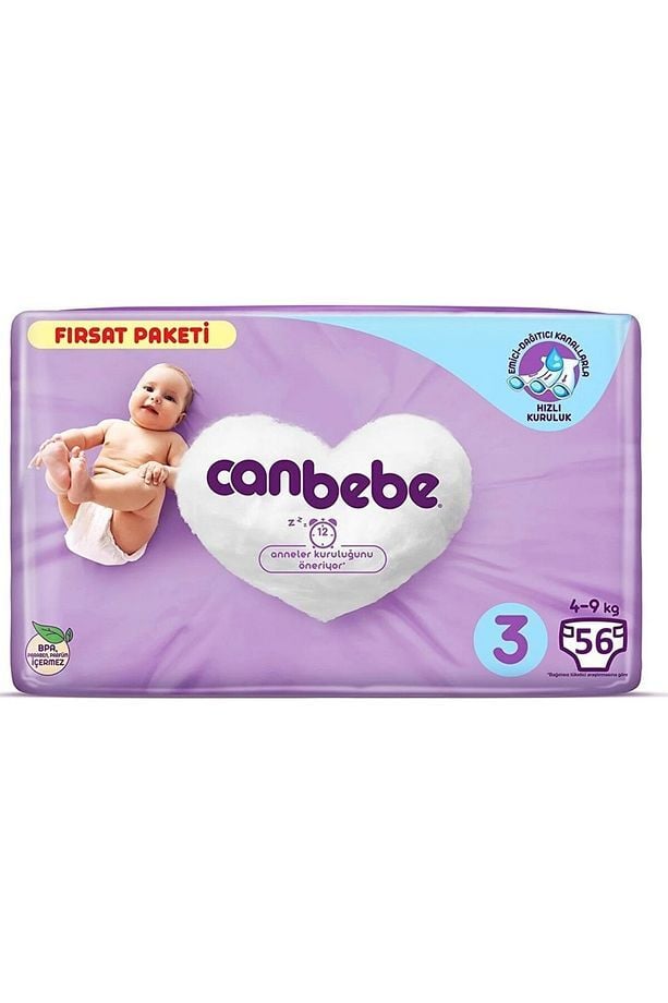 Canbebe Bebek Bezi Fırsat Paketi 3 Beden Midi (4-9 KG) 56 Adet