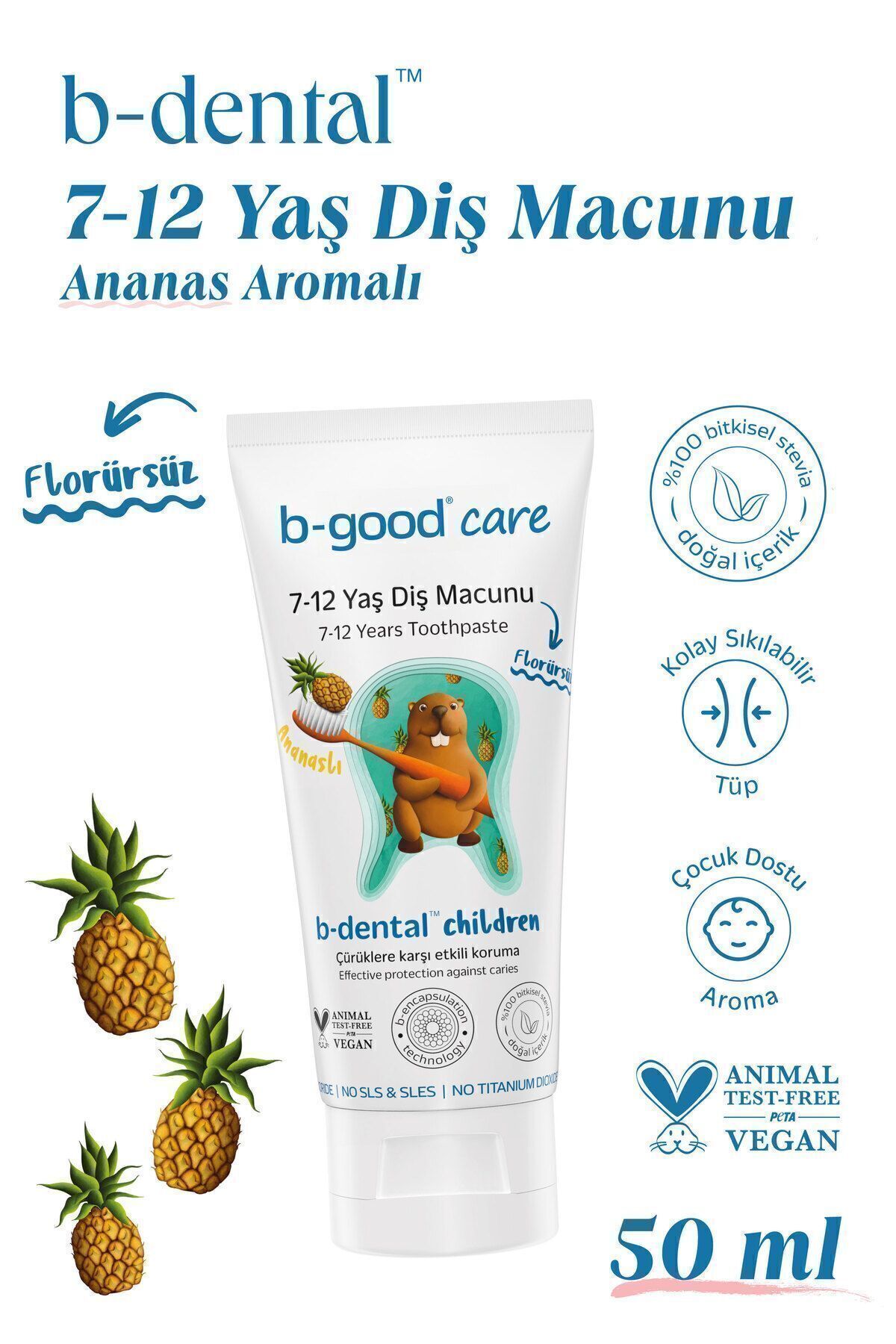 B-GOOD 7-12 Yaş Çocuk Diş Macunu Florürsüz Ananas 50 ml