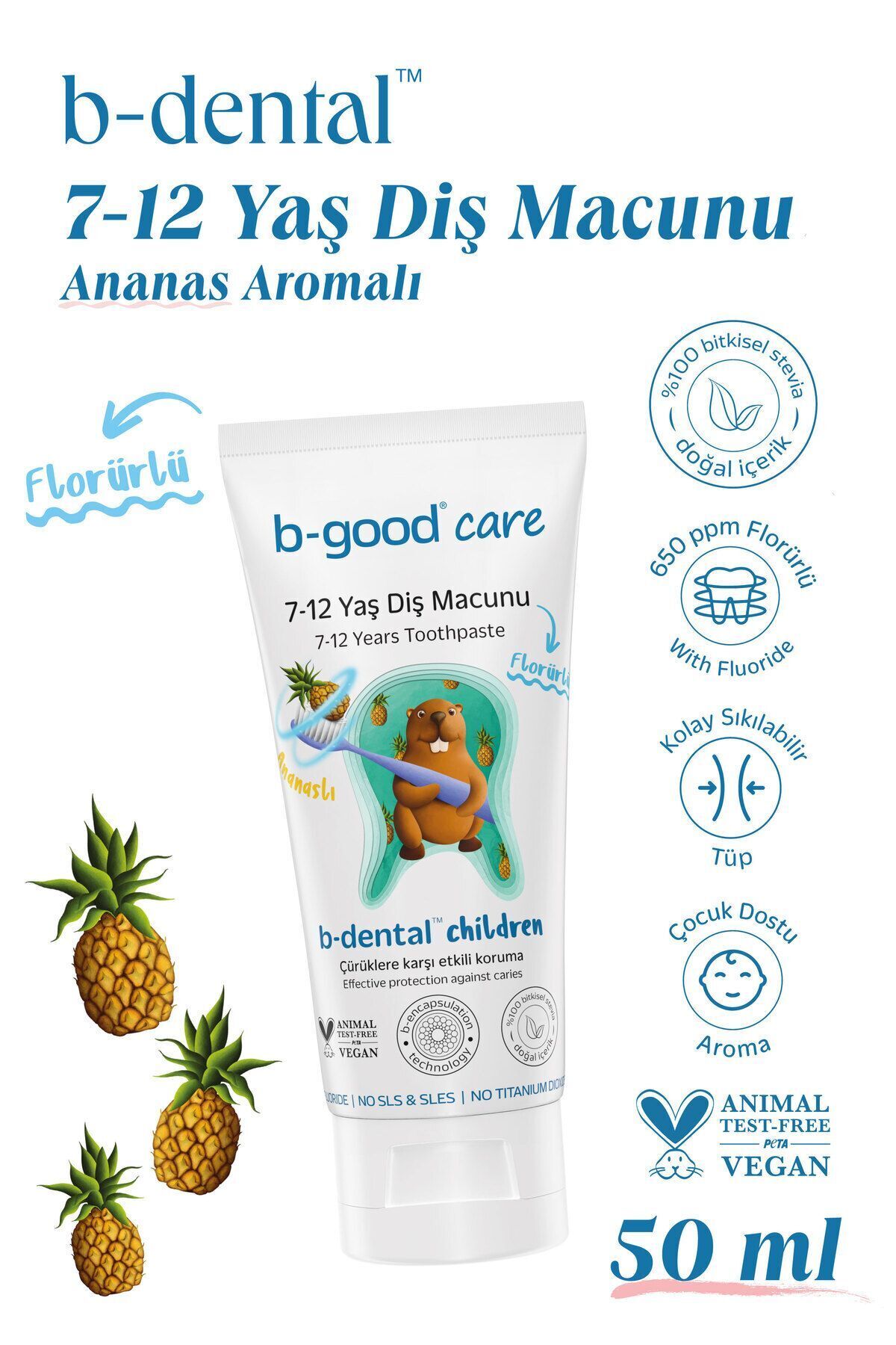 B-GOOD 7-12 Yaş Çocuk Diş Macunu Florürlü Ananas 50 ml