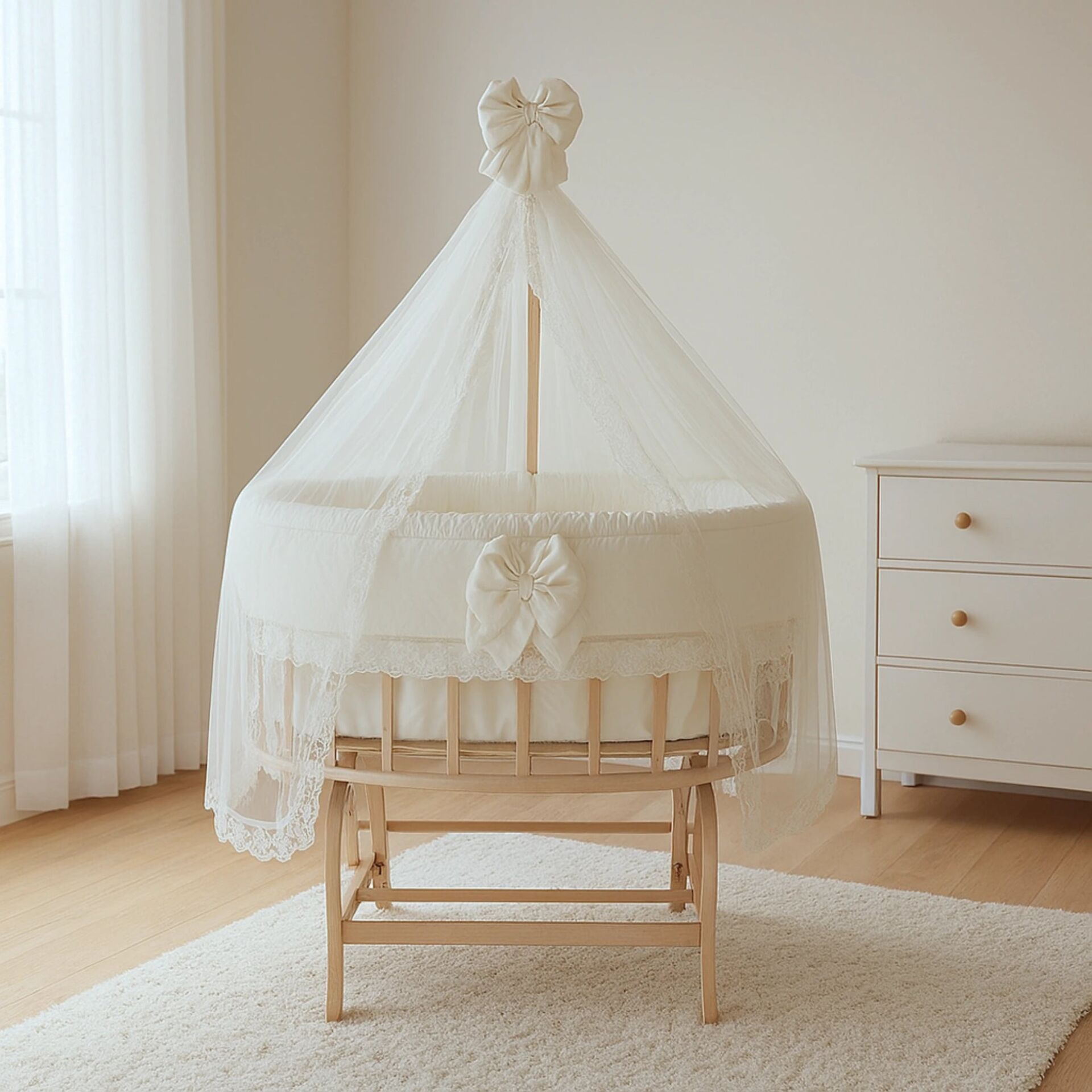 Bebekonfor Doğal Ahşap Amedan Sepet Beşik 0-2 Yaş Krem Fr. Dantelli Uyku Seti ile DA-15