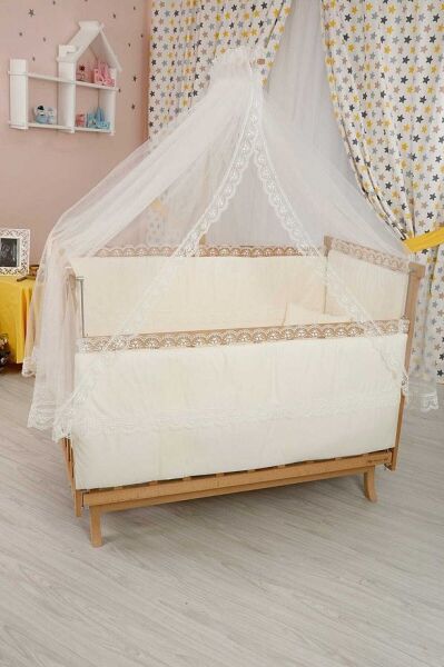 Bebekonfor Elyeza Anne Yanı Beşik ''Krem Fr. Dantelli Uyku Seti ile'' 60*120 - Kademeli DE-10