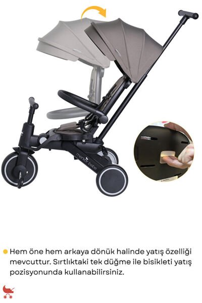 Merkür Bebe 9in1 Hawk Çift Yönlü Katlanabilir Yatabilir Ayak Destekli Üç Tekerlekli Bebek ve Çocuk Bisikleti Gri
