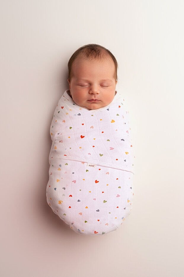 Kanz Yenidoğan %100 Pamuk Müslin Hazır Kundak Cırtlı - Little Hearts