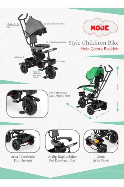 Moje Style Ebeveyn Kontrollü Tenteli Üç Tekerli İtmeli Bisiklet Pembe