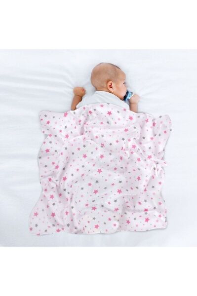 Sevi Bebe Desenli Müslin Battaniye 100x100 cm - Yıldız Yağmuru Pembe 353-140-2