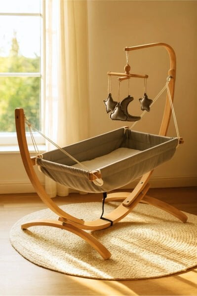 Bebekonfor Ahşap Bebek Hamağı Sallanabilir-Sabitlenebilir Oyuncaklı Gri