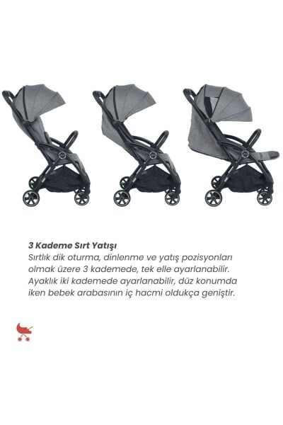 Merkür Bebe Ruby Tek Tuşla Otomatik Katlanan Kabin Boy Travel Sistem Bebek Arabası Gri