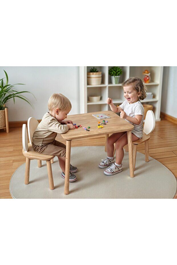 Bee Smart Safir Meşe Beyaz Kulak 2 Sandalyeli Aktivite Masası Çocuk Çalışma Masası MS-80