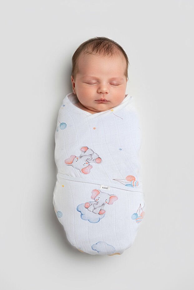 Kanz Yenidoğan %100 Pamuk Müslin Hazır Kundak Cırtlı - Sweet Elephant