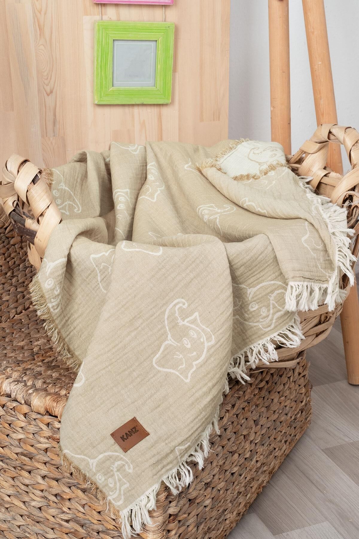 Kanz Jakarlı müslin Örtü 2 Kat Kahve 110*130