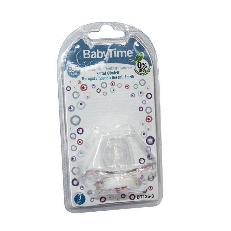 Babytime Bt136-3 Silikon Damaklı Koruma Kapaklı Şeffaf Gövdeli Desenli Emzik No:3
