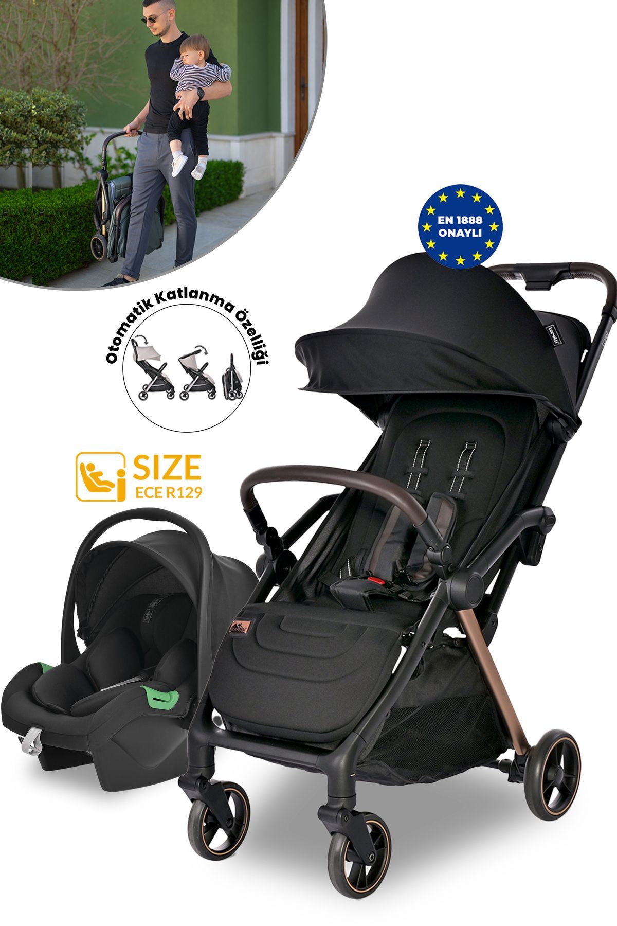 Lorelli Loret Otomatik Katlanan Kabin Boy & Travel Set Bebek Arabası - Black
