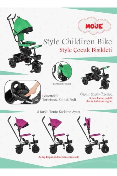 Moje Style Ebeveyn Kontrollü Tenteli Üç Tekerli İtmeli Bisiklet Bej