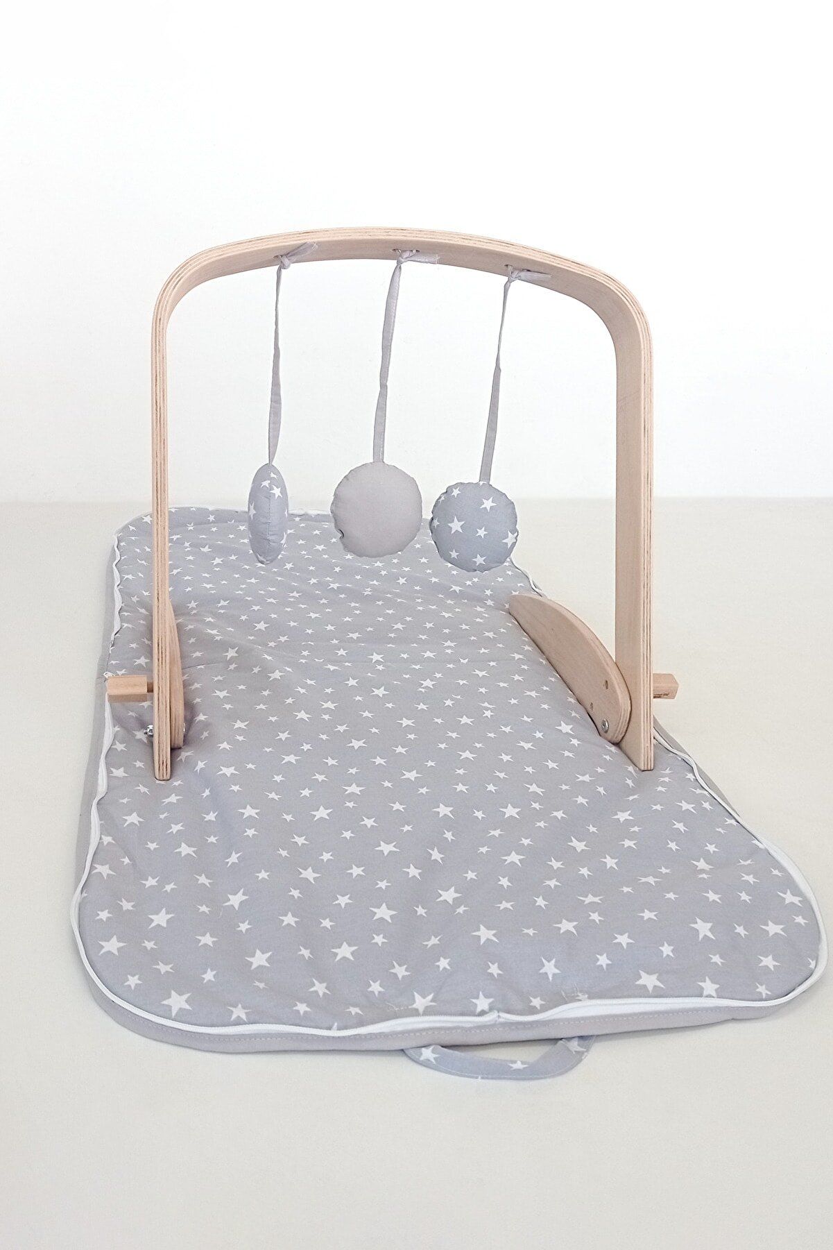 Baby Tech Minderli Ahşap Oyun Barı - Kumaş Oyuncaklı - Gri Yıldızlı